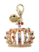 Crown Jewels Dog Collar Charm in Gold - Designed in the style of the crowns of the Imperial Russian Court this beautiful charm features green, blue, red and pink  diamant crystals set in gold alloy. This is an accessory fit for royalty. It also has a little silver bell that lets you know when you dog is the move. You can't much more blin...